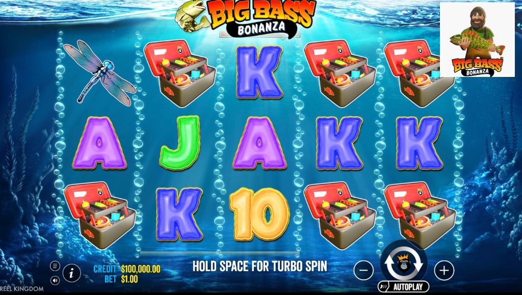 Gameplay grid of the fishing slot showing tackle box symbols and card values
