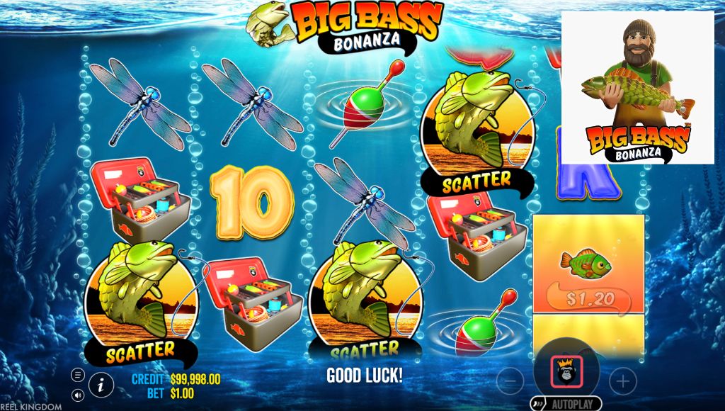 Fishing game demo screen showing the credit balance and a good luck message