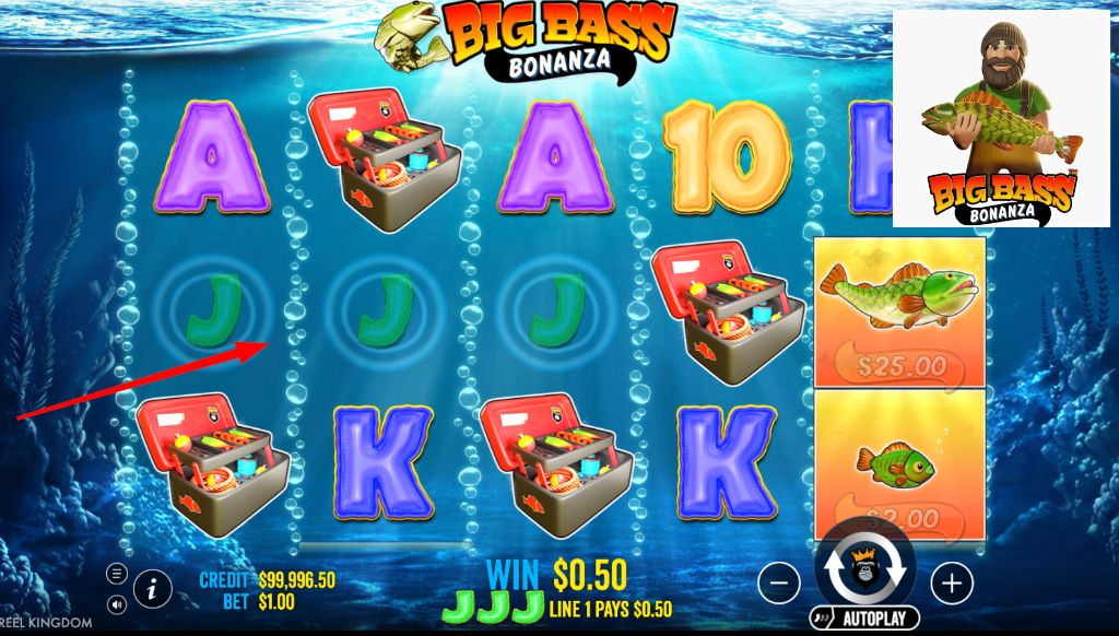 Fishing game win screen showing a line payout and money fish symbols