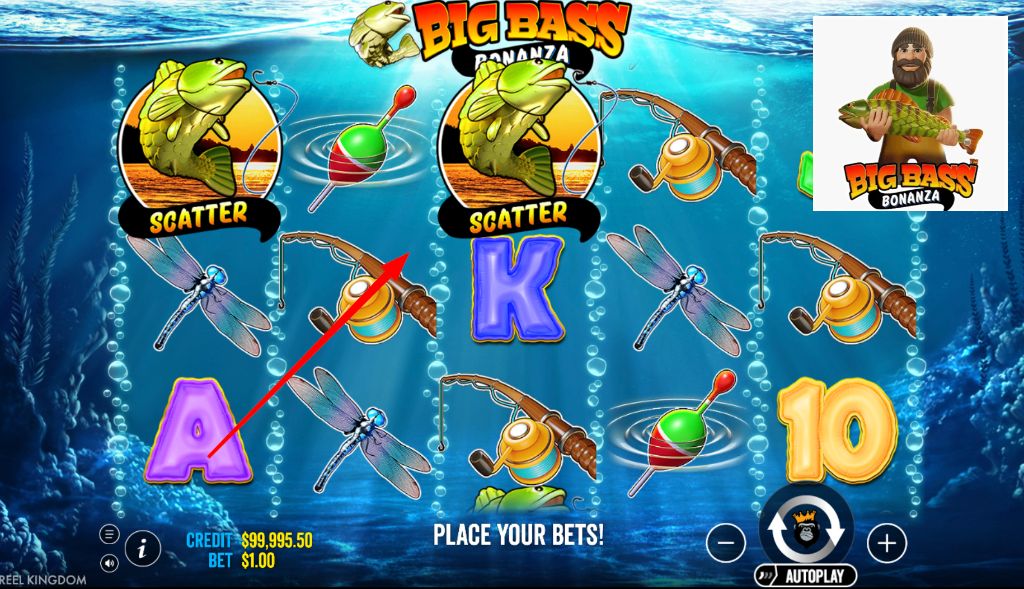 Fishing game grid with multiple scatter symbols and a fishing rod